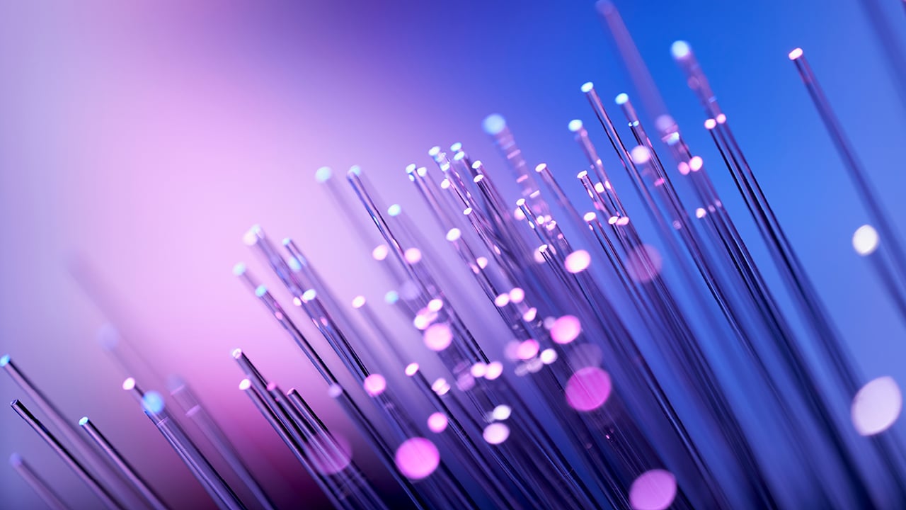 Close-up illustration of illuminated fibre-optic strands against a purple and blue background.