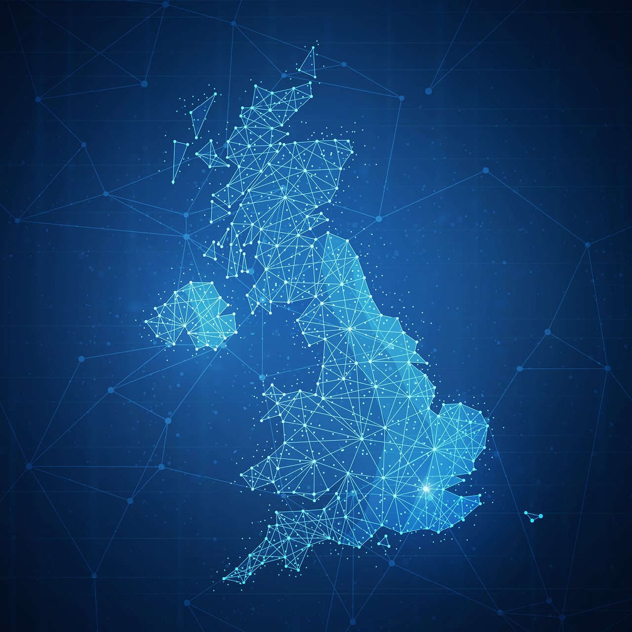 Digital map of the United Kingdom formed by interconnected points and lines, symbolising broadband connectivity and communications infrastructure across the country.