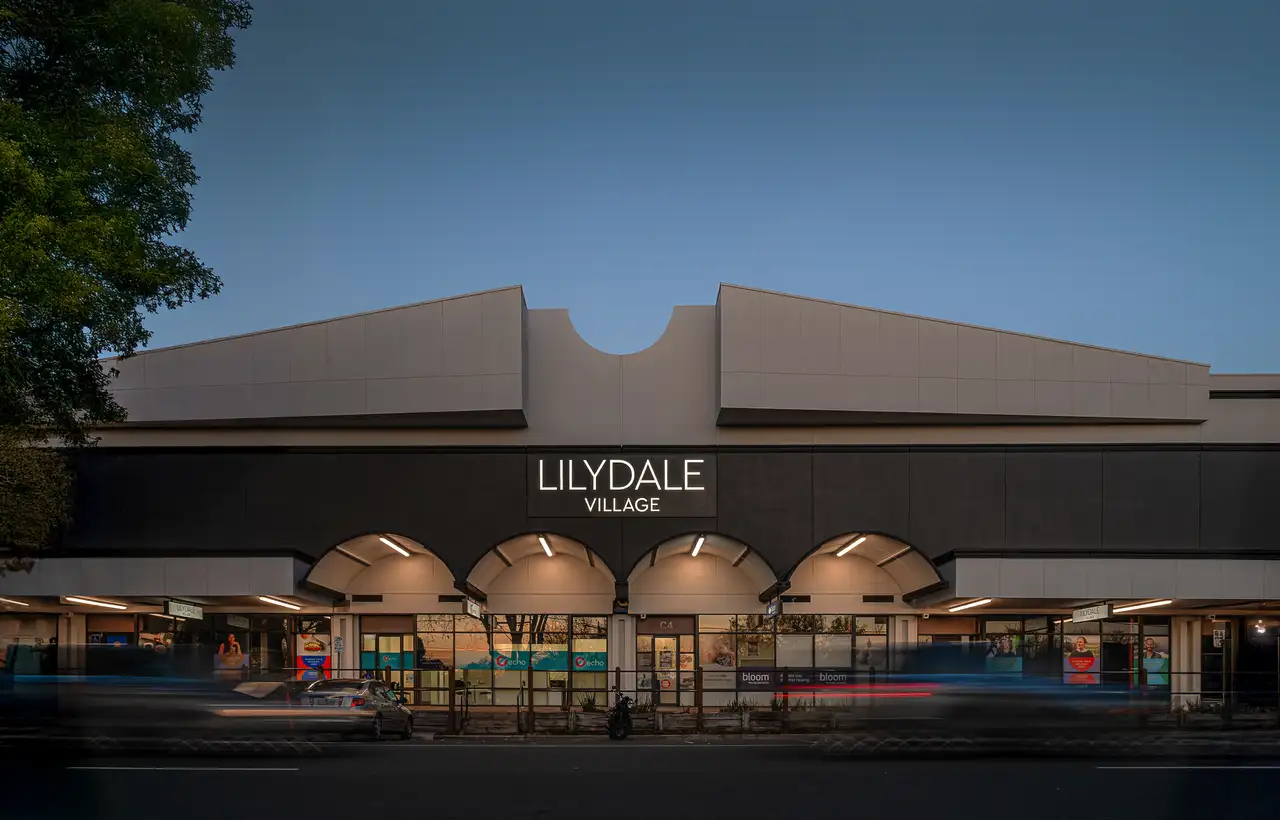Lilydale_Village_VIC_Retail_Building_Exterior_Entrance_At_Dusk.webp