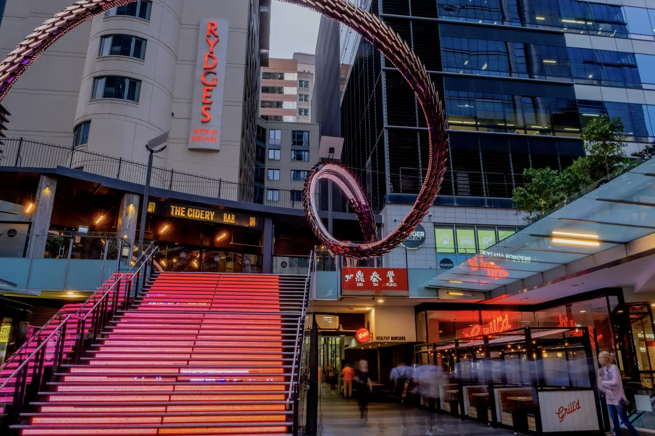 World_Square_Sydney_NSW_Retail_Building_Exterior_Lights_and_Stairs.webp